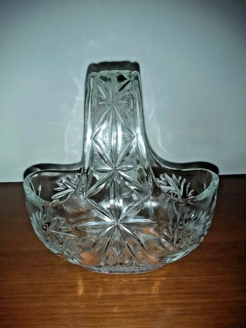 Vintage Depression Glass Cut Basket with Handle euc