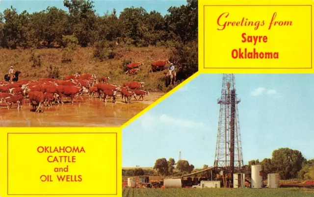 OK, Oklahoma  SAYRE Greetings  CATTLE~OIL WELLS  Beckham County  CHROME Postcard