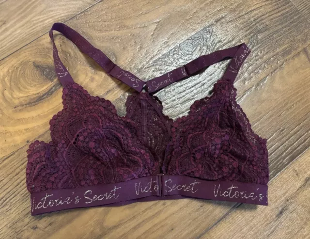 Victorias Secret Front Closure Bralette Maroon Purple Lace Racerback Size Small