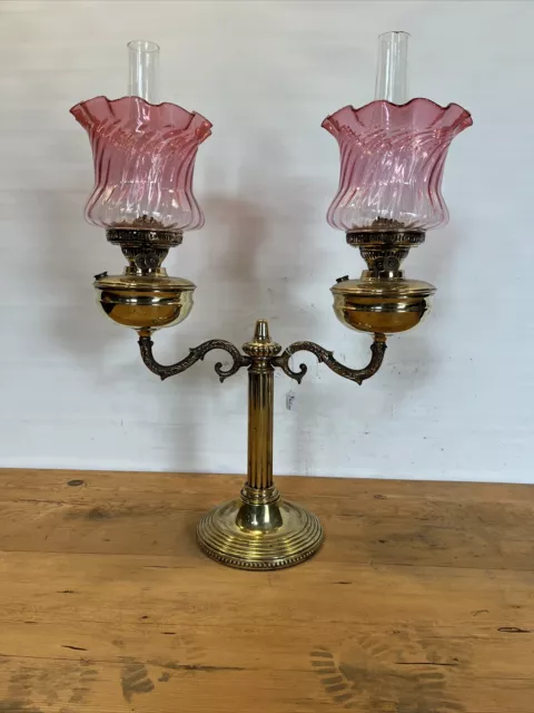 Twin Victorian Oil Lamp Cranberry Glass Shades