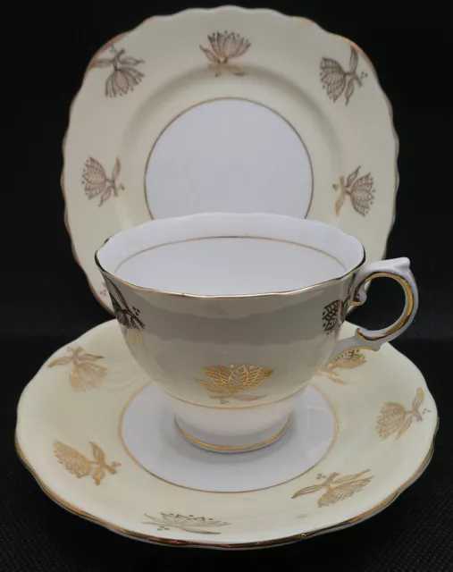 Vintage Colclough China England Tea Trio with Yellow Band and Gold Flowers