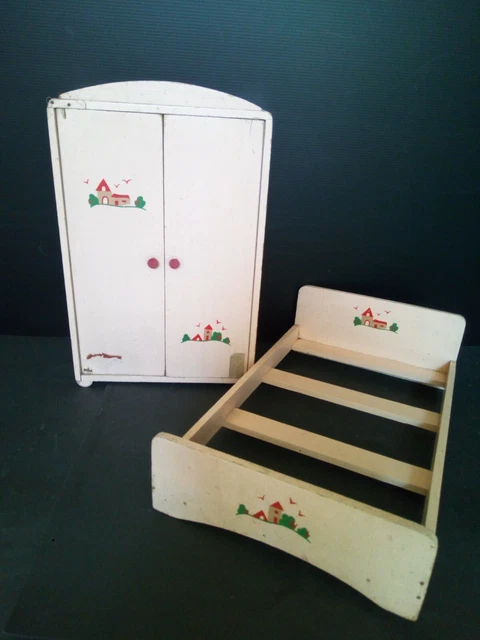 ARMOIRE DE POUPEE JOUET BOIS PEINT MAJOLU DECOR AU POCHOIR VINTAGE