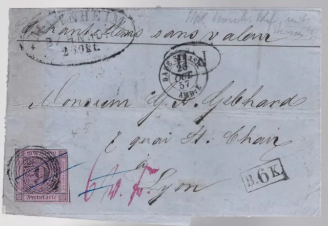 Brief 1857 mit Nr. 4 II, Bahnpost "MANNHEIM" u. Oval "P.D." und Recheck " B 6 K.