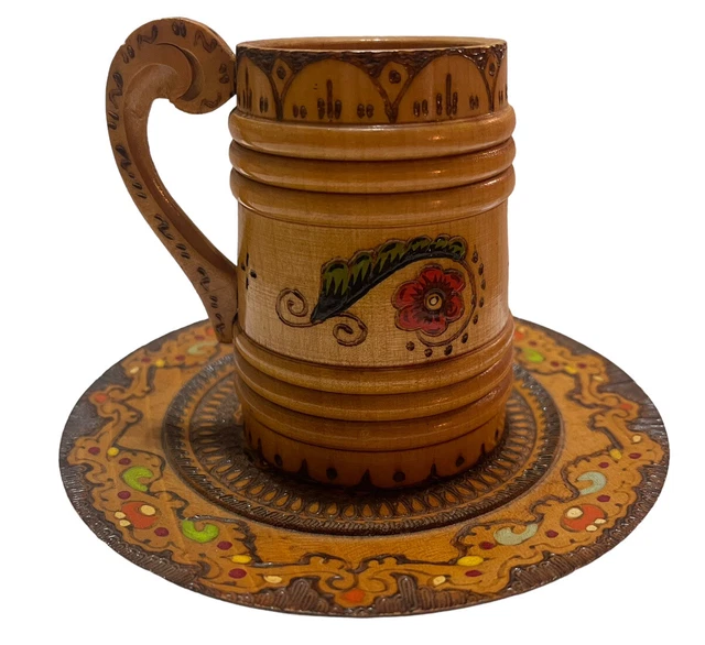 Vtg Scandinavian Hand Carved Painted Wooden Cup/Holder Folk Art 3.5in & Plate