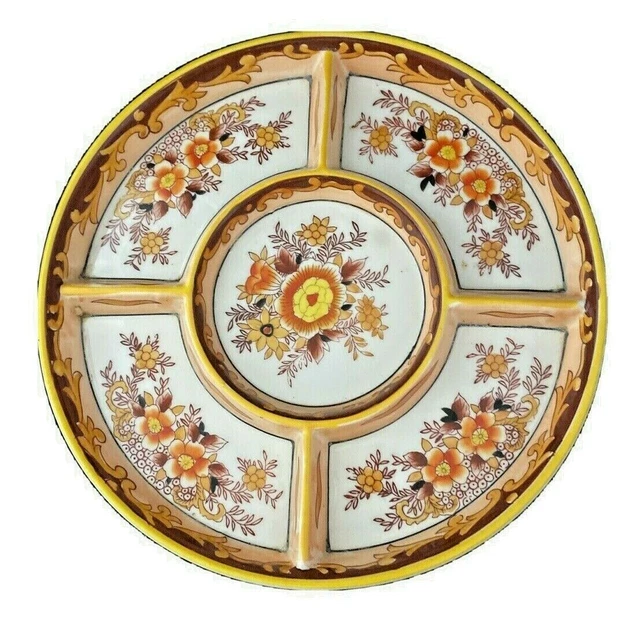 MORIYAMA Mori-Machi Divided Relish Dish Orange Floral Hand Painted 1920s Japan