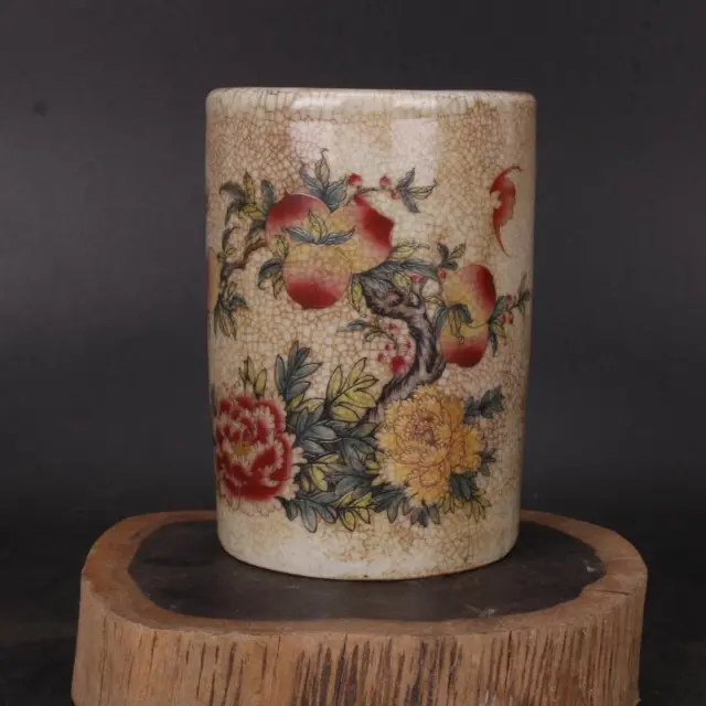 China Porcelain Qing Qianlong Famille Rose Longevity Peach Peony Brush Pot 4.52"