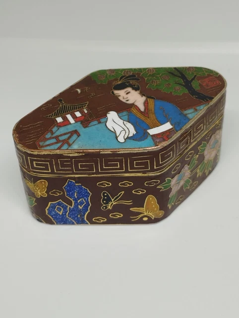 Vintage Chinese China Cloisonne Enamel Cooper Trinket Snuff Pill Box Hand Made