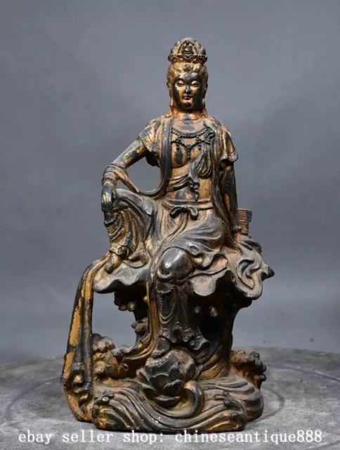 9.8" Old Chinese Buddhism Temple Bronze Gilt Free Kwan-yin Guanyin Buddha Statue