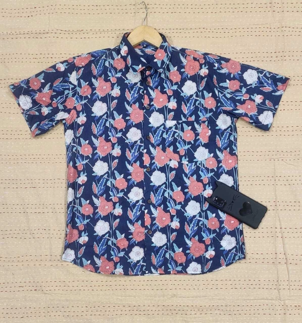 Taglia XL Indiano Blu Floreale 100% Cotone Uomo Camicia Abito da Sposa Ragazzi