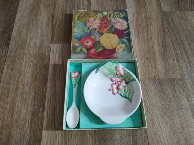 Carlton Ware Begonia Design Pink Jam Dish & Spoon, 1939. Boxed.