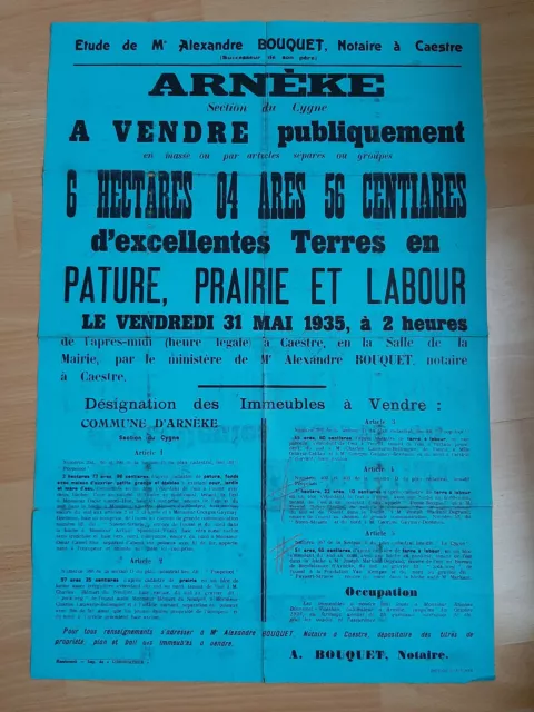 Ancienne affiche agricole vintage Vente de Terre  ville de Arneke 1935