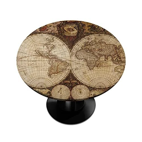 Retro Map Round Fitted Tablecloth 36" - 42”Inch Vintage Map Waterproof Wipeab...