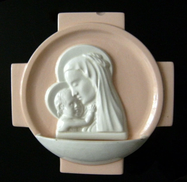 Bénitier Vintage Art Déco Avec Médaillon Vierge, Très Beau Style