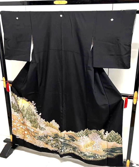 Japanese kimono for ceremony TOMESODE Vintage Black Crane Gold Yuzen From Japan