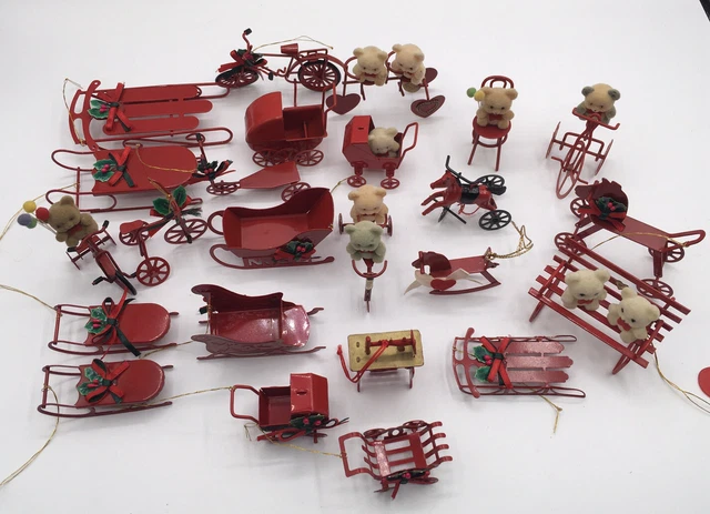 Lot 24 Vtg Kurt Adler Avon Russ Berrie Red Metal Ornament Flocked Teddy Bears