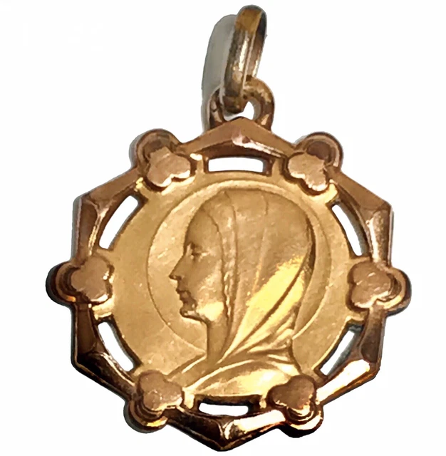 Pendentif Médaille Vierge Marie Ancien - Plaqué Or, Nœud Et Monogramme - Bijou Vintage Bon état - Origine France