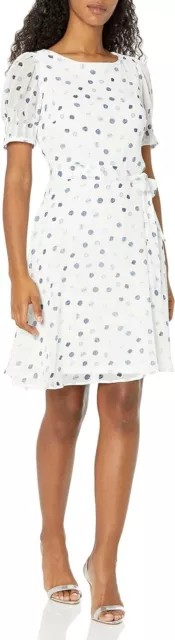 DKNY White Blue Dot Dress Size 12 Fit & Flare Flowy Tie Waist NWT