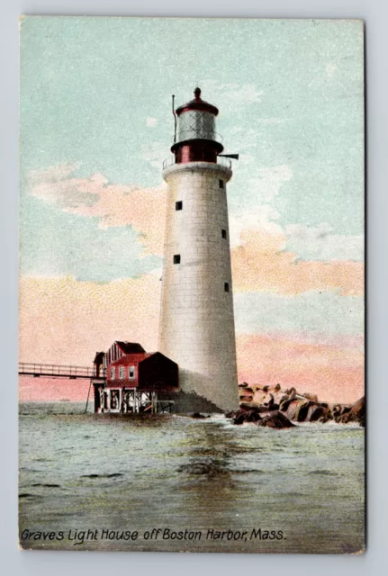 Boston, MA-Massachusetts, Graves Light House c1910 Harbor, Vintage Postcard