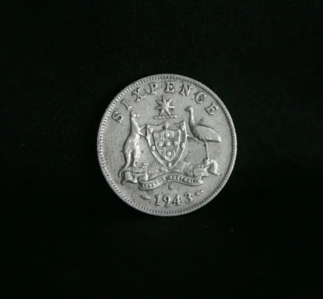 1943 S Sixpence Australia Rare Silver World Coin KM38  6 Pence Red Kangaroo Emu