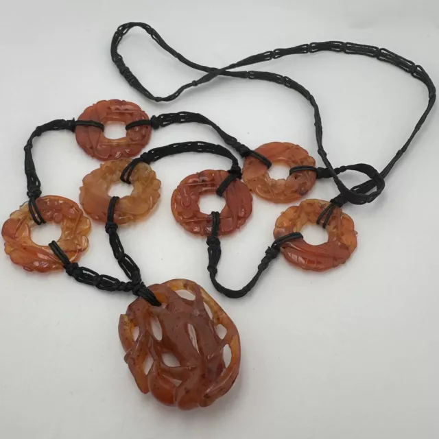 Antique Chinese Carved Orange Jade Floral Disc & Gourd Pendant Necklace