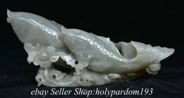 10.6" Chinese Hetian White Jade Nephrite Carved Fengshui Year Fish Statue