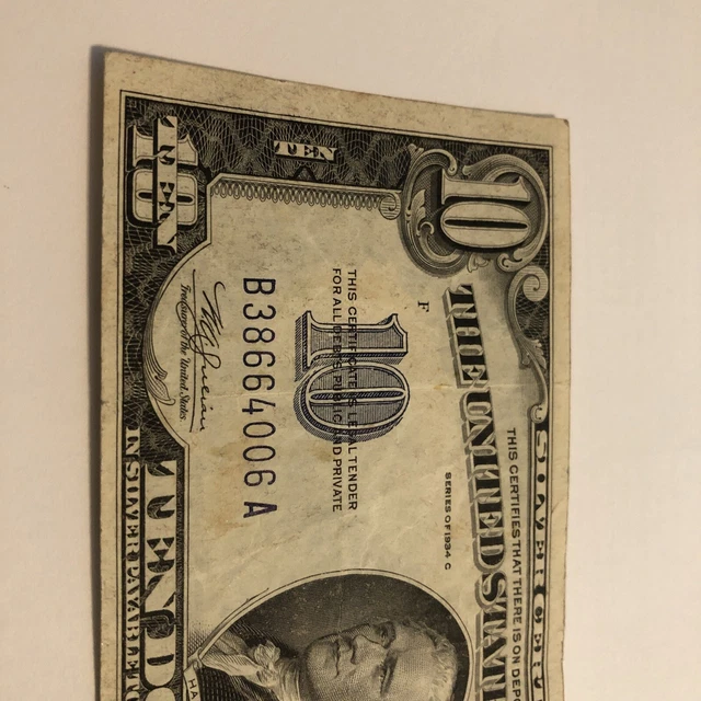 1934 C Series $10 TEN DOLLAR BLUE SEAL SILVER CERTIFICATE NOTE 2