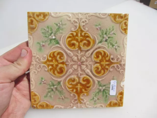 Antique Ceramic Tile Vintage Floral Art Nouveau Flowers Old Leaf