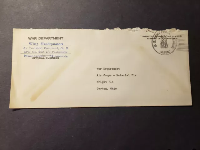 APO 462 EDMONTON, ALBERTA, CANADA 1943 WWII Army Air Force Cover WING HQ