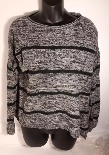 Eileen Fisher Sweater Womens Petite Small Organic Linen Black/Gray Stripe L/S