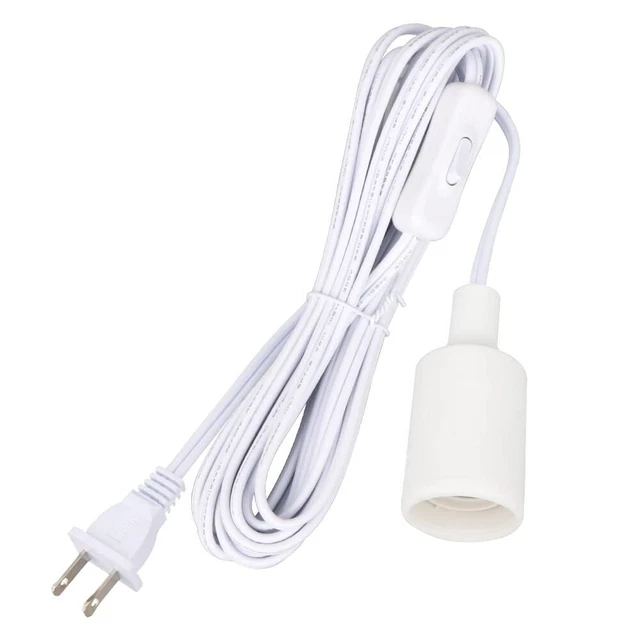 15FT Hanging Light Socket with Cord, White E26 Extension Cord with ON Off Switch