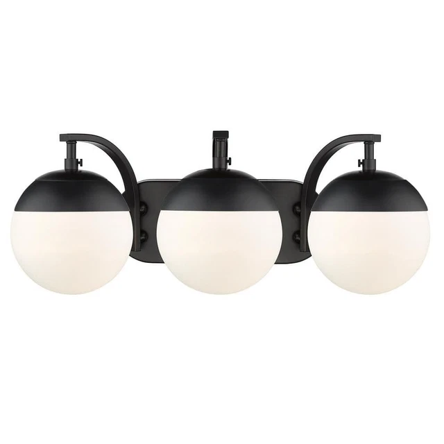Dixon 12 in. 3-Light Black w/Opal Glass & Black Cap Bath Vanity Light by Golden