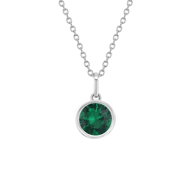 925 Sterling Silver Round Simulated Emerald Pendant Necklace For Teen Girls 16"