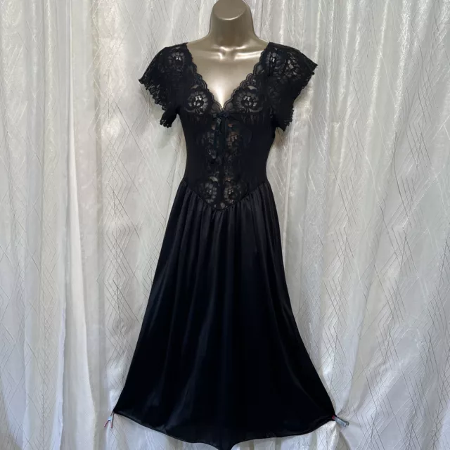 VTG S M Cinema Etoile Sexy Black Nylon Floral Lace Nightgown Ballerina style