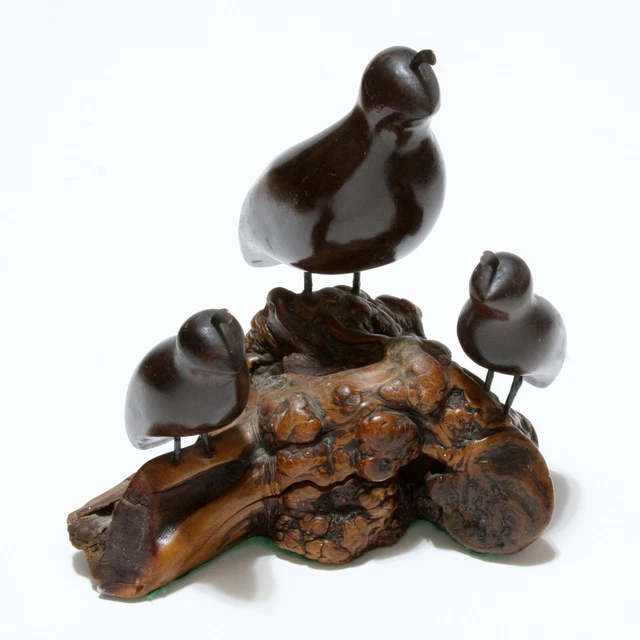 Vintage Quail Bird Trio Sculpture Statue On Driftwood Base Wooden Hand Carved