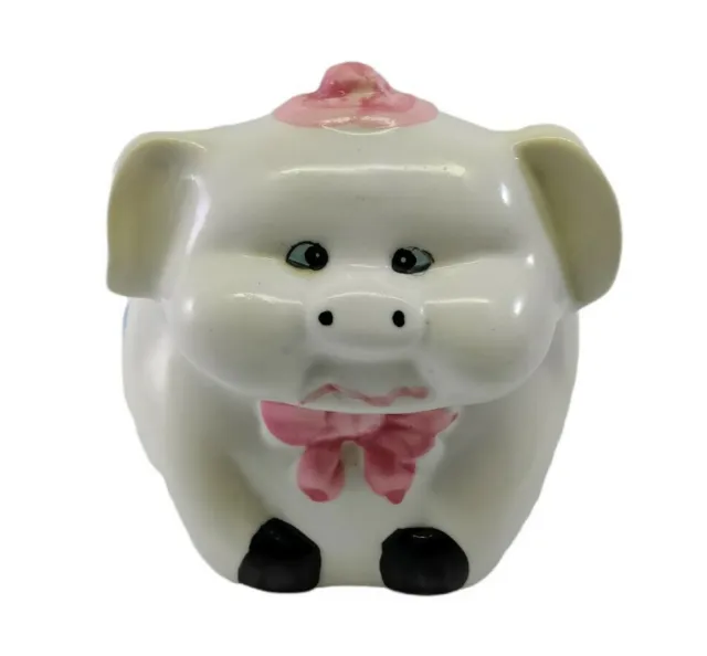 Ceramic Pig Piggy Bank Crossed Eyed Pink Bow & Flowers
