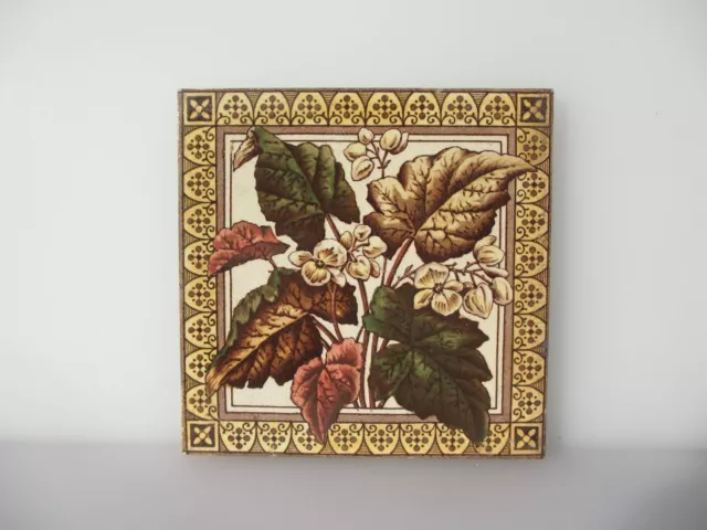 Victorian Ceramic Tile Floral Flowers Leaf Art Nouveau Old Antique England 1887