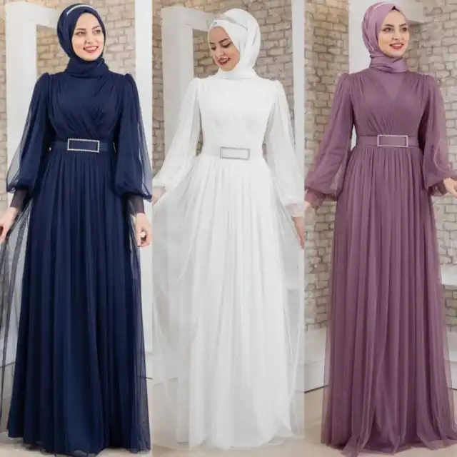 A Maniche Lunghe Vestito Maxi Tulle Abito da Sera Abiye Abaya Hijab Sposa Nuovo