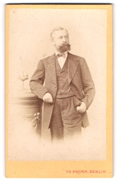Fotografie Th. Prümm, Berlin, Herr mit Vollbart lehnt an Säule