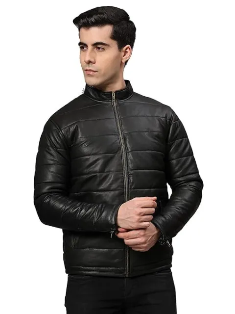 CHARMSHILP Bomber Chaqueta de Cuero Genuino Piel Oveja Negro Hombre Motero Moto