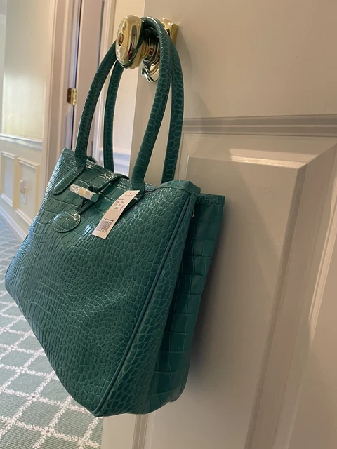 NWT Authentic Longchamp Roseau Croc Embossed Leather Tote Bag Turquoise 2