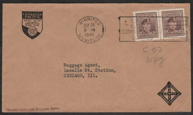 ⭐CPR PERFIN⭐ CANADIAN PACIFIC COVER - 1945 - to CHICAGO, ILLINOIS, U.S.A.