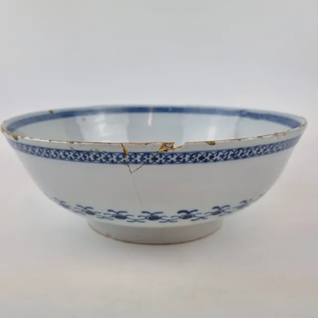 Antique 19th Century Delft Blue & White Pottery Punch Bowl 23.5cm Diameter