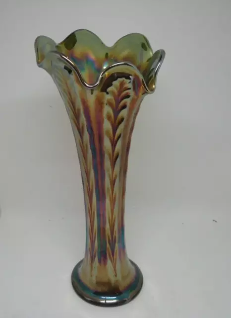 Fenton Swung Vase Plume Green Gold Carnival Glass Look