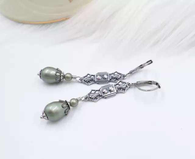Sage Green Pearl Drop Earrings, Art Deco Jewelry, Dusty Green Bridal Jewelry 3