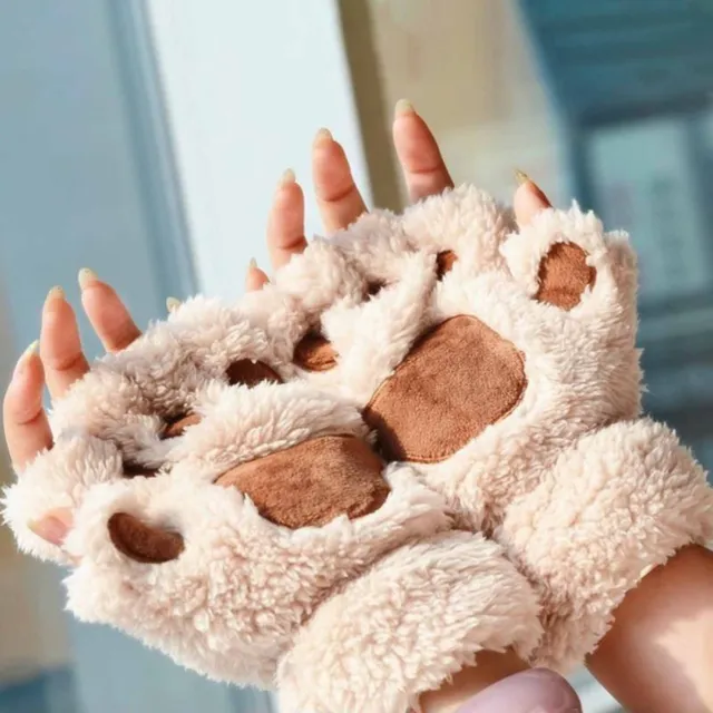 Half Finger Gloves Fingerless with Style Women's Plush Cat Paw Claw Cozy Winter