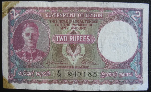 Ceylon 1943 2 Rupees Note
