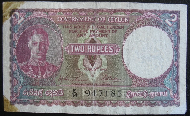 Ceylon 1943 2 Rupees Note