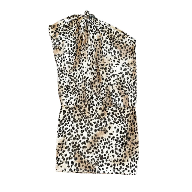Cache One Shoulder Leopard Print Mini Dress Brown Black Size XS