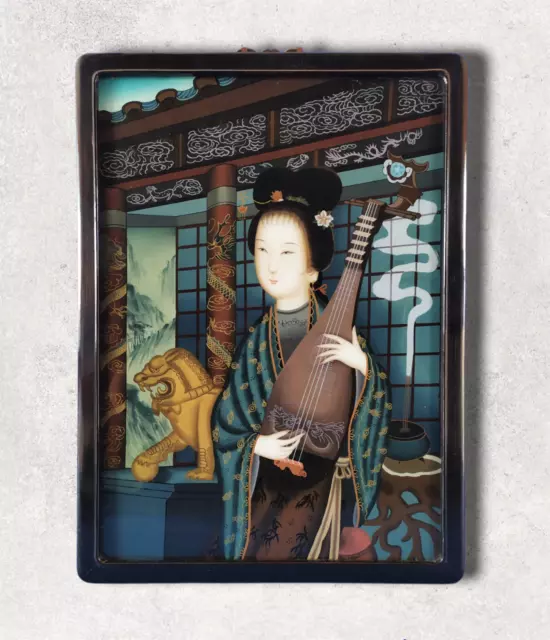 Vieille Peinture Originale Chinoise Inversée sur Verre Portrait de Dame au Luth 2