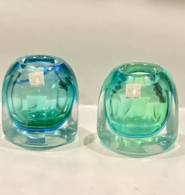 Fifth Avenue Modernest Teal Crystal Art Glass Candle Holder Set